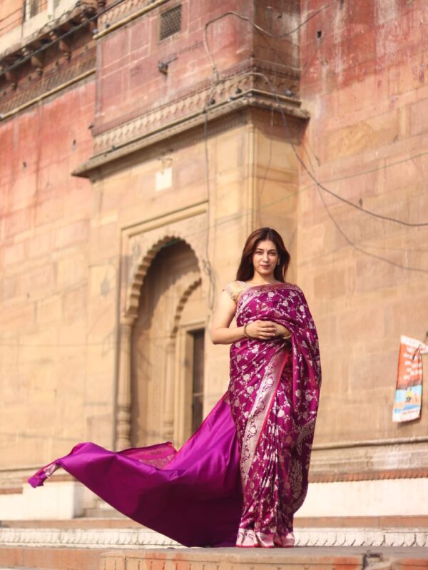Royal Magenta Banarasi Silk Saree with Silver Zari – The Mogra
