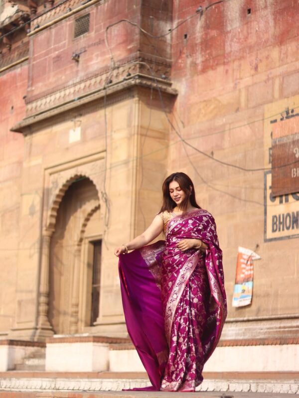 Royal Magenta Banarasi Silk Saree with Silver Zari – The Mogra